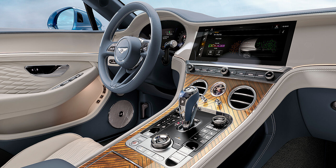 Bentley Rotterdam New Bentley Continental GTC Azure convertible interior front cabin view with Linen and Brunel hides and Piano Linen by Mulliner veneer featuring centre console and centre MMI screen