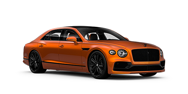 Bentley Rotterdam Bentley Flying Spur Speed front side angled view in Orange Flame coloured exterior. 